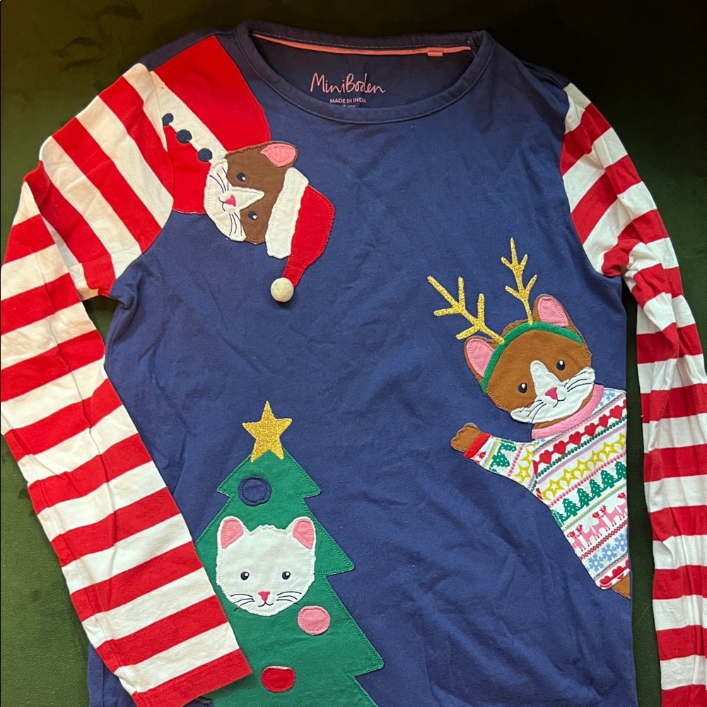 Mini Boden Festive Blue and Red Long Sleeve Tee